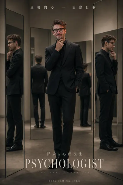 Handsome asian man black suit surreal mirror poster