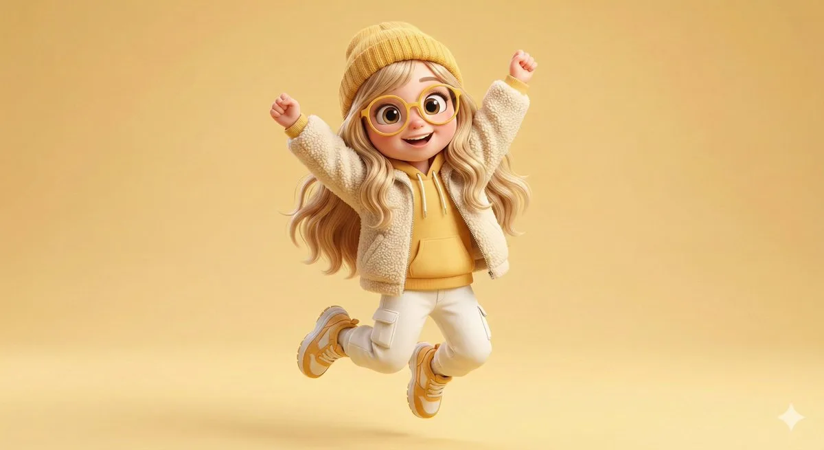 Pixar style sunshine girl jumping — After