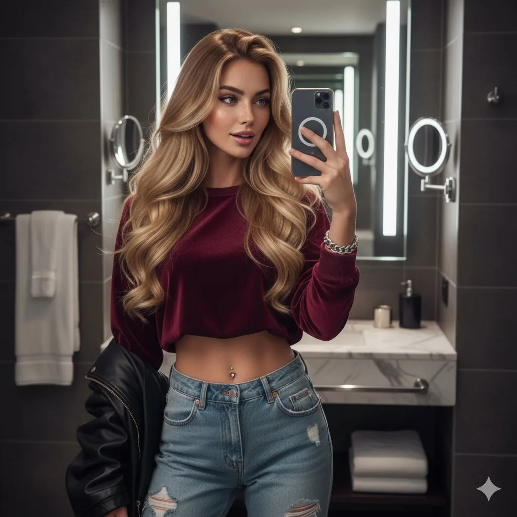 Luxury bathroom blonde fashion selfie — Sonra