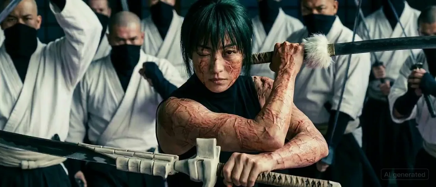 Female swordsman battle zen garden — After