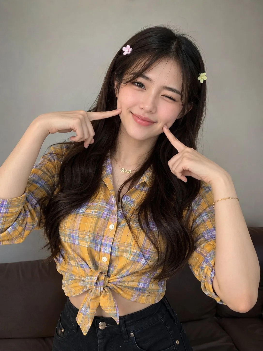 Cheerful east asian woman portrait yellow plaid shirt — Sonra
