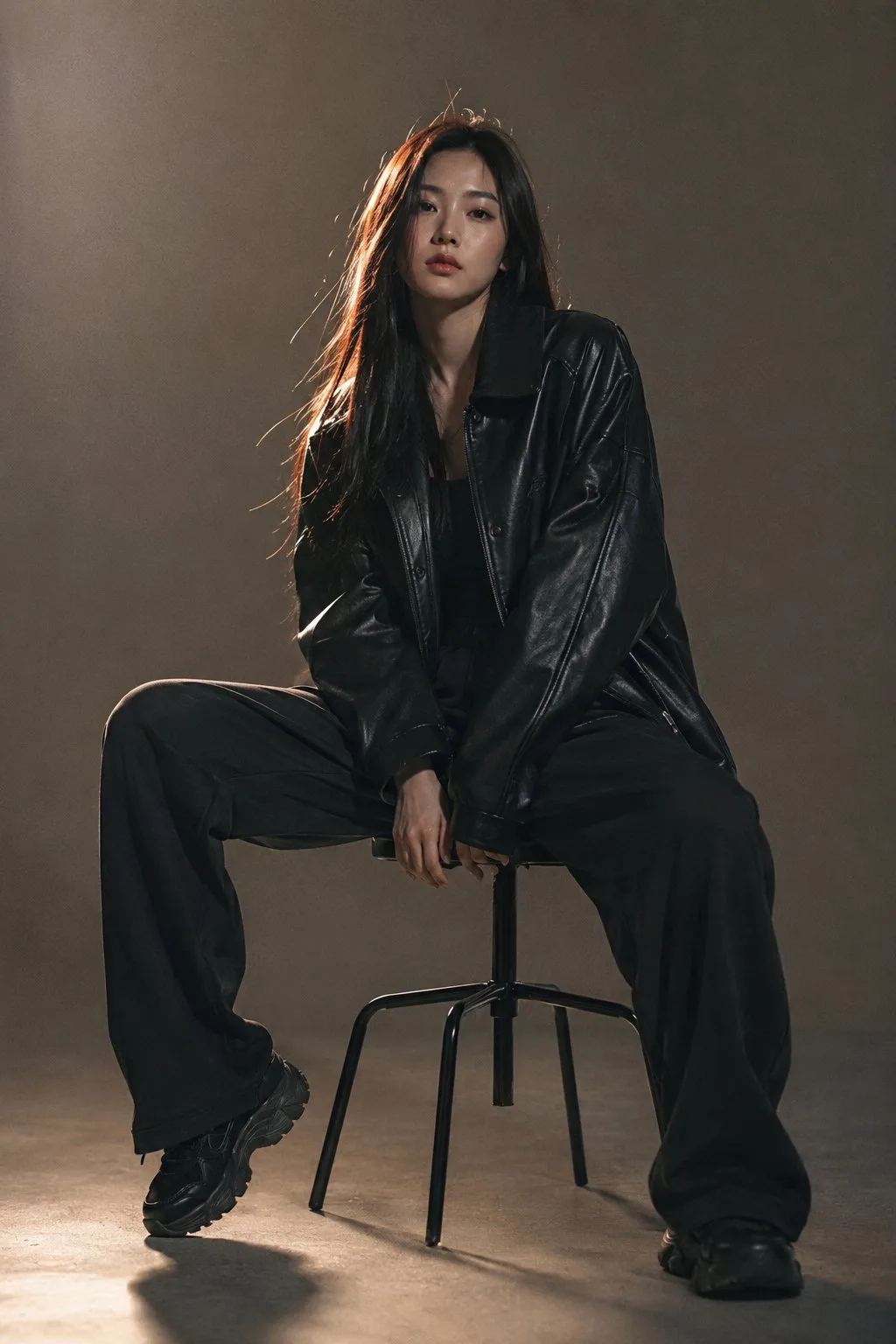 Cinematic east asian woman leather jacket portrait — After
