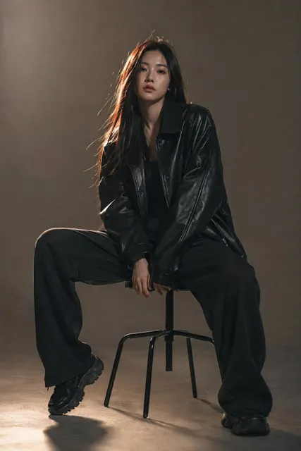 Cinematic east asian woman leather jacket portrait