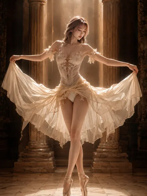 White dance dress in golden light ancient hall