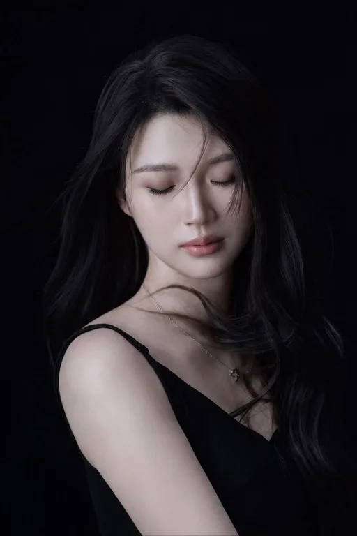 Minimalist black outfit east asian woman moody portrait — Sonra