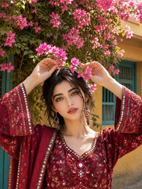 South asian woman bougainvillea courtyard portrait