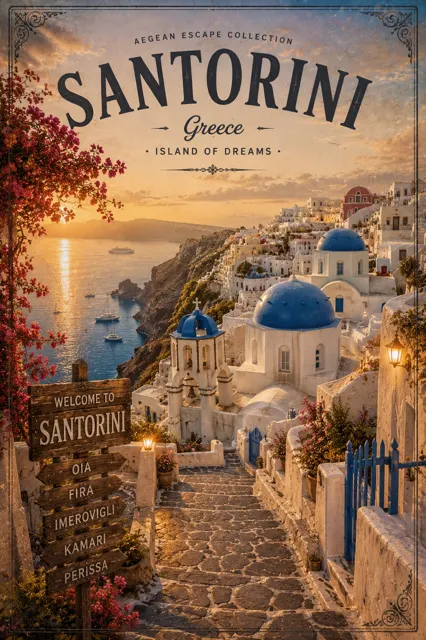 Luxury travel poster santorini amalfi paris