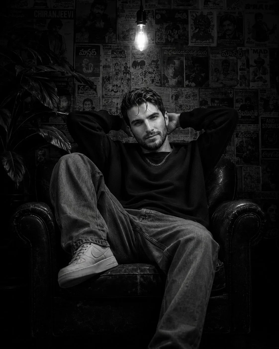 Cinematic black and white recording studio portrait south indian artist — After