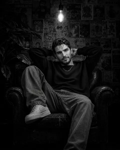 Cinematic black and white recording studio portrait south indian artist