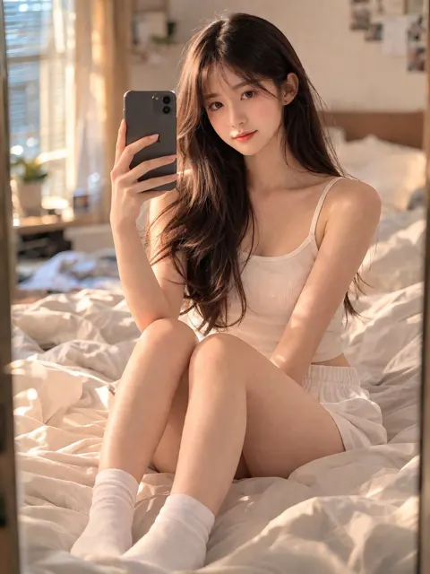 Cozy bedroom girl selfie