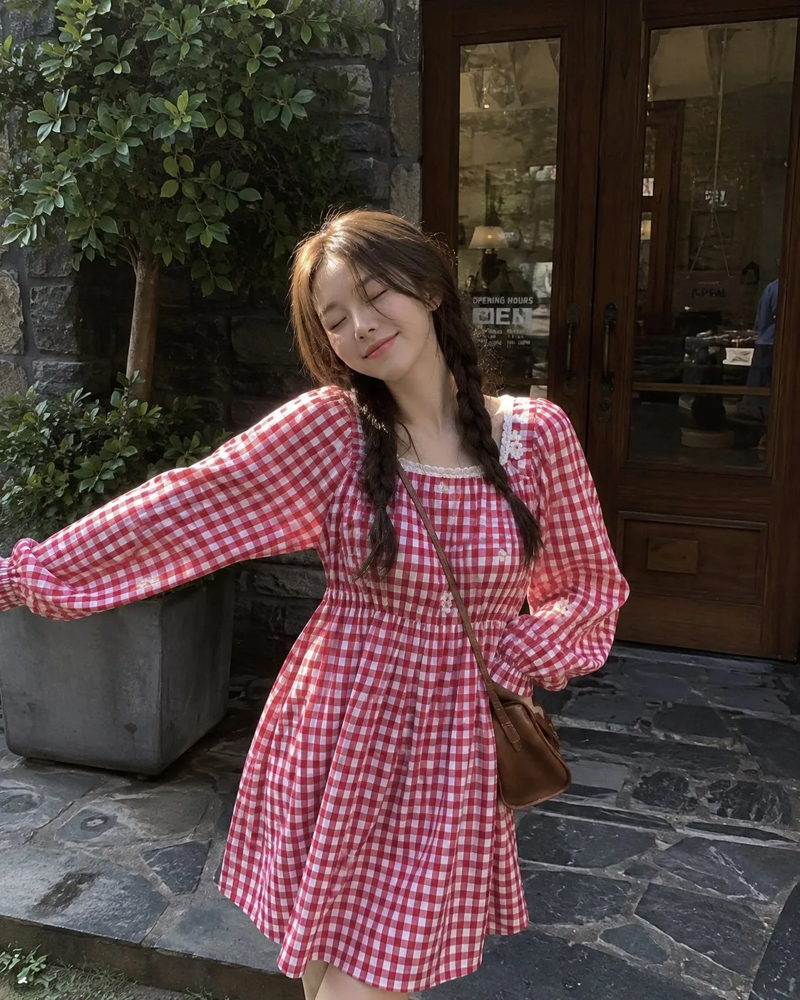 Charming korean street style gingham dress portrait — After