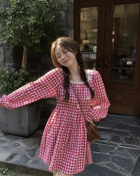 Charming korean street style gingham dress portrait
