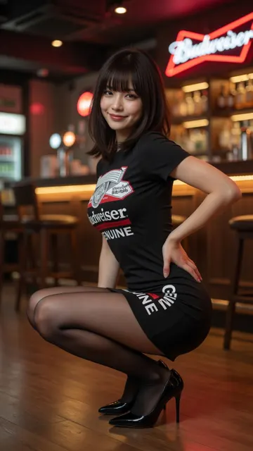 East asian woman budweiser mini dress bar squat