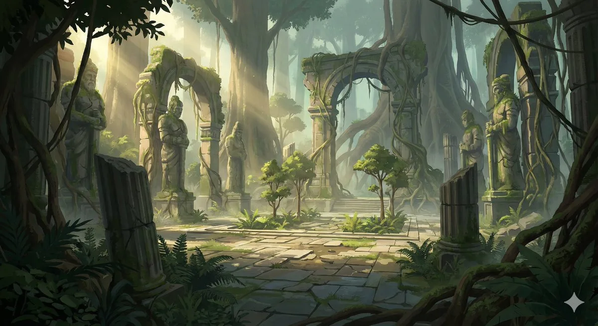 Dawn ancient jungle ruins — Sonra