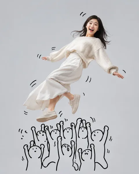 Ultra realistic floating girl with graffiti doodles
