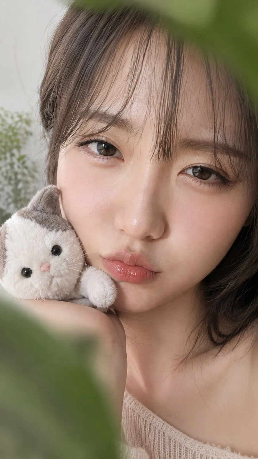Japanese natural light soft focus home portrait girl with cat plush — After