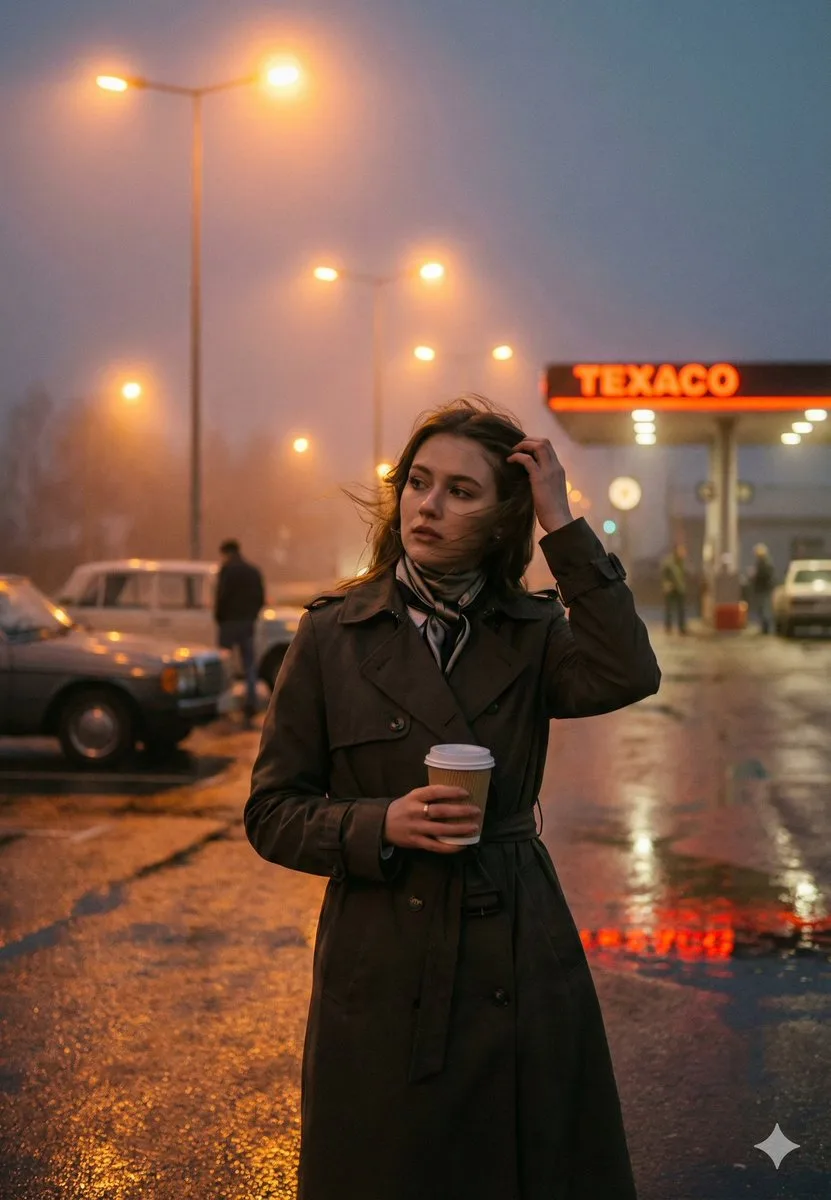 Dusk gas station girl neon reflection — Sonra
