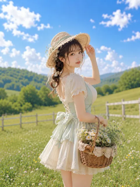 Cottagecore girl carrying white wildflowers in meadow