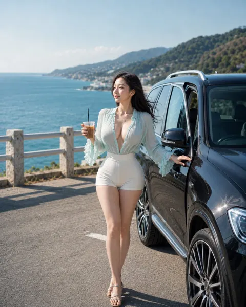 Ultra realistic japanese woman coastal road trip