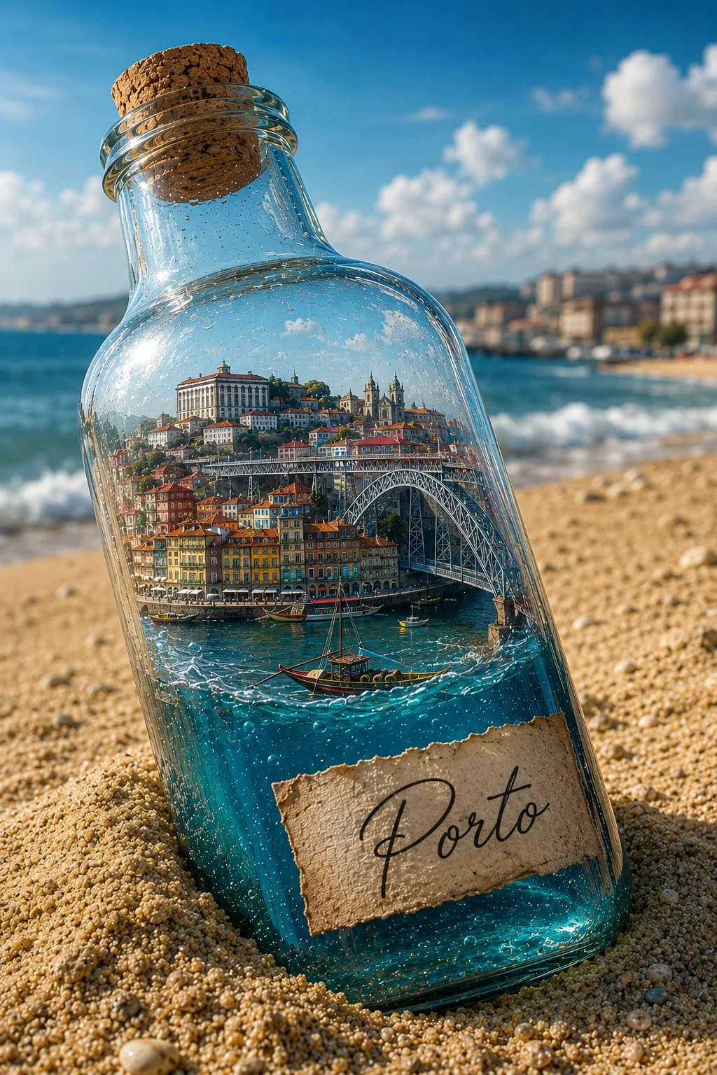 Hyperrealistic miniature city bottle poster — Sonra