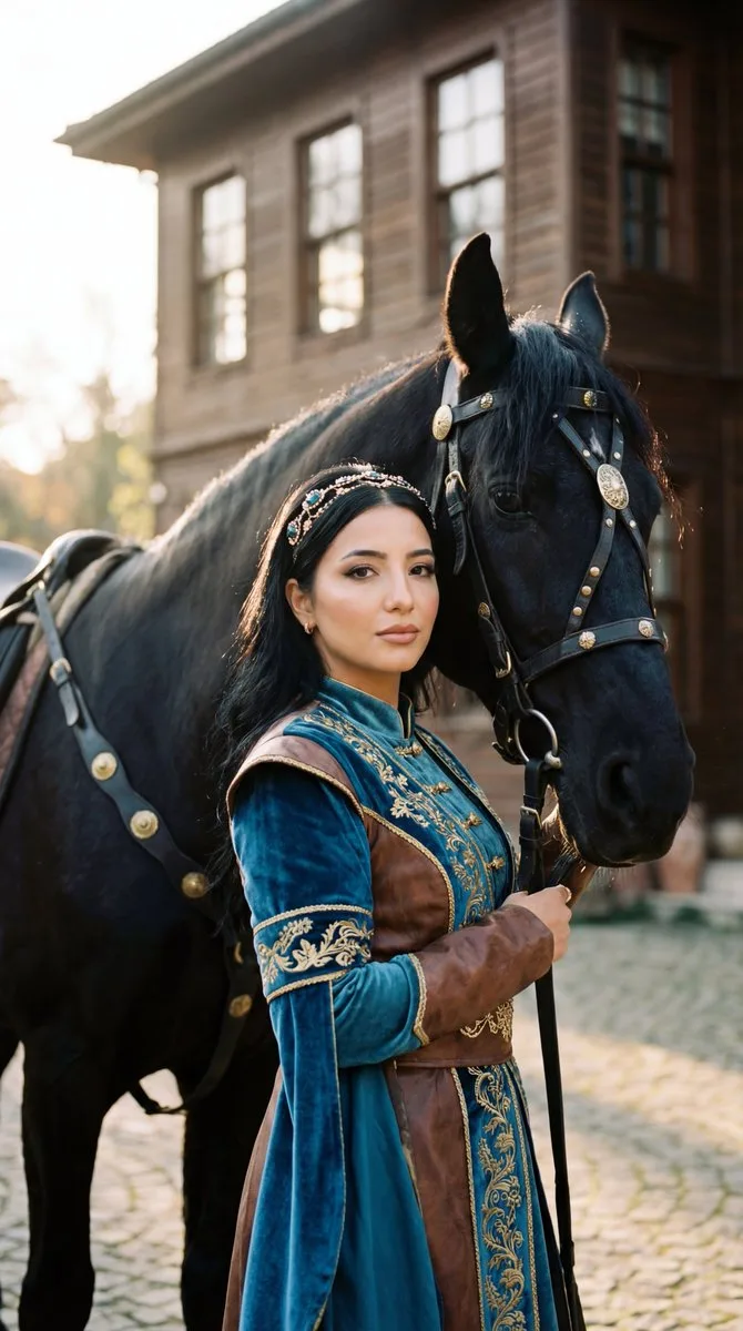 Ottoman courtyard lady black horse — After