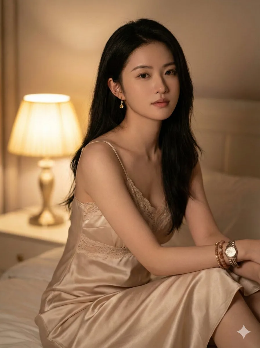 Cinematic bedroom silk nightgown portrait — Sonra