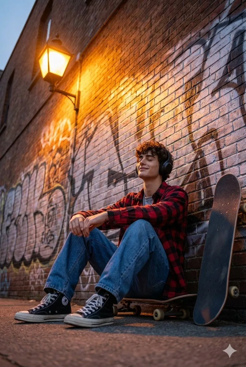 Dusk skater immersed in music — After
