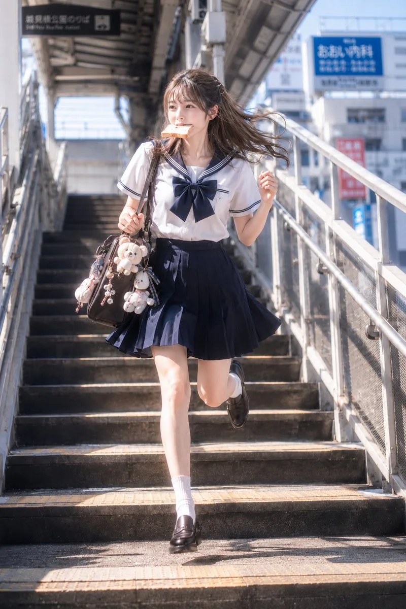 Morning rush girl running with toast on stairs — Sonra