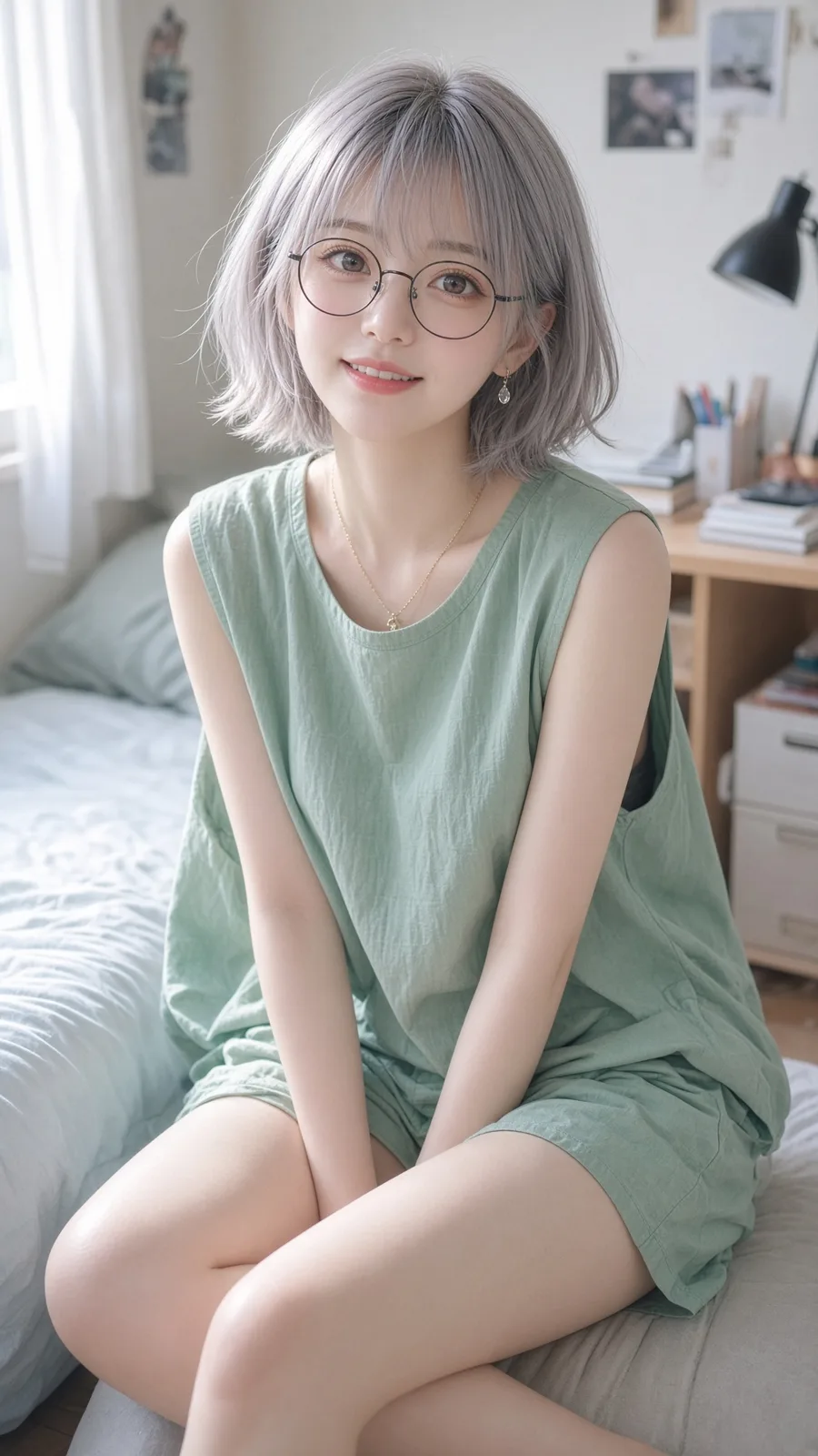 East asian woman sage green student bedroom fujifilm provia film style — After