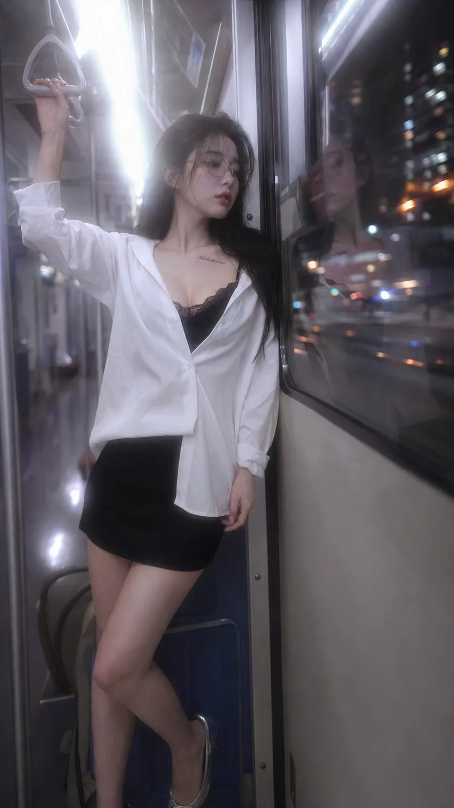 Japanese idol fashion late night train portrait — After