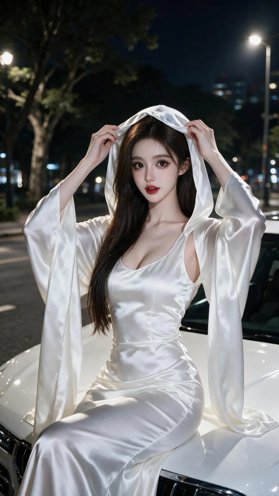 East asian woman white satin dress luxury car night — Sonra