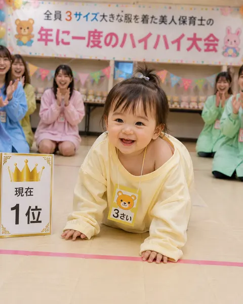 Beautiful nursery teachers annual crawling competition first place close up