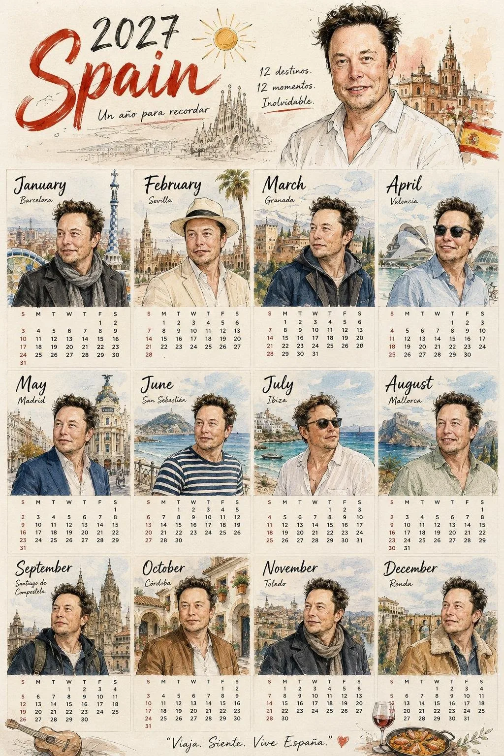 Aesthetic illustrated calendar poster watercolor ink — Sonra