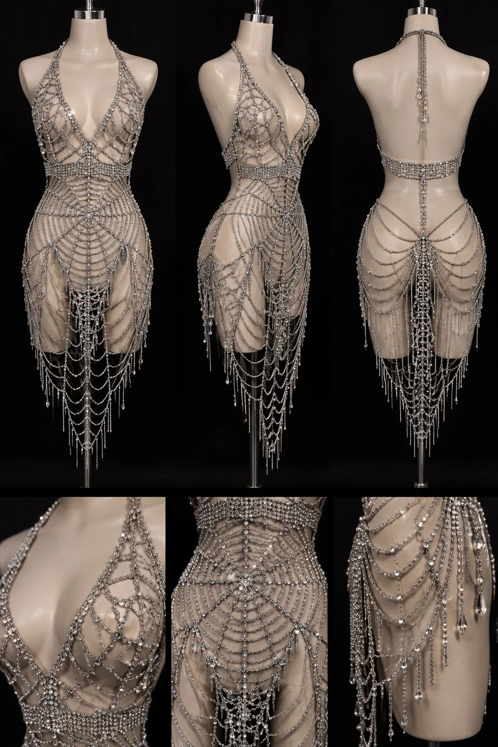 Luxurious silver rhinestone body chain dress — After