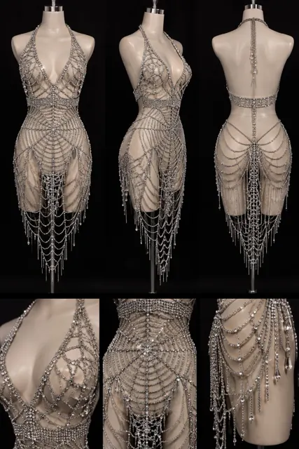 Luxurious silver rhinestone body chain dress