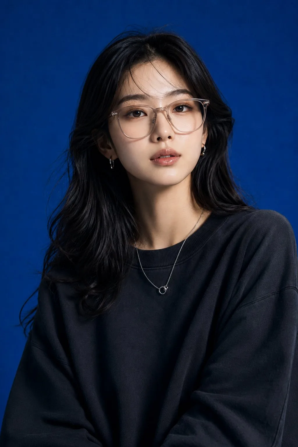 High end japanese korean fashion studio portrait blue backdrop — After