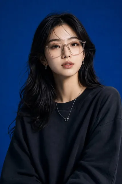 High end japanese korean fashion studio portrait blue backdrop
