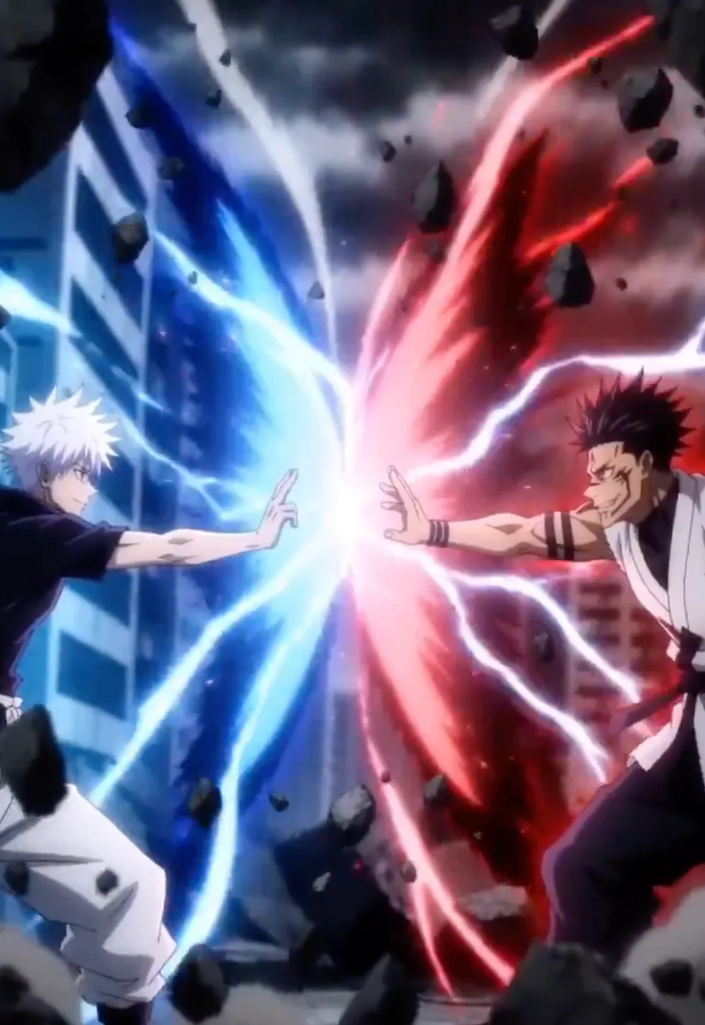 Red blue energy clash ruins battlefield — Sonra