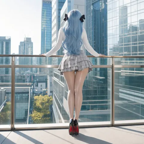 Urban terrace light blue hair female back view portrait