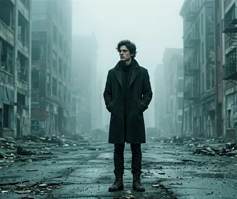 Lonely walker in foggy ruins