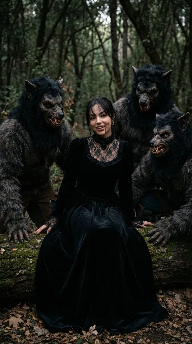 Vampire girl and werewolves dark forest — Sonra