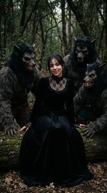 Vampire girl and werewolves dark forest
