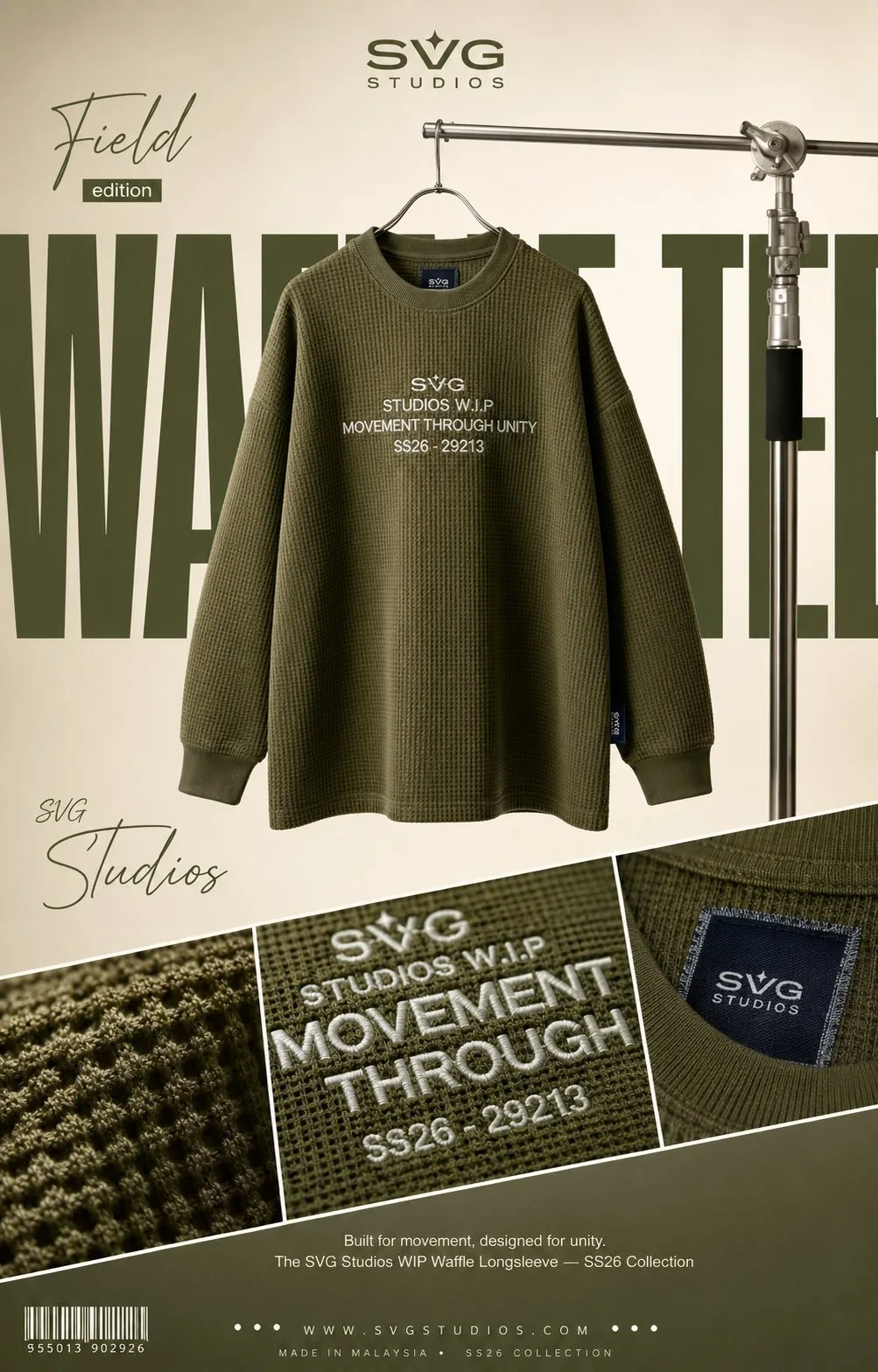 Olive army green waffle tee editorial poster — Sonra