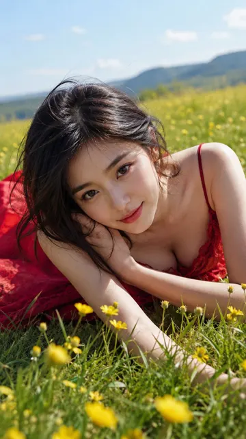 Summer meadow east asian woman portrait