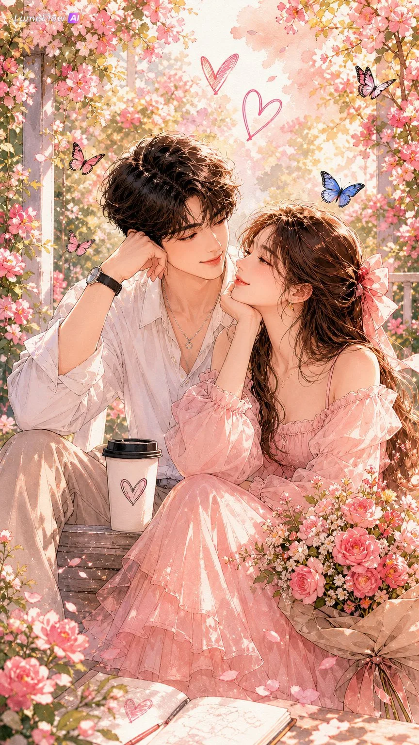 Korean couple spring garden watercolor fashion illustration — Sonra