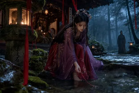 Cinematic wuxia misty temple red thread girl