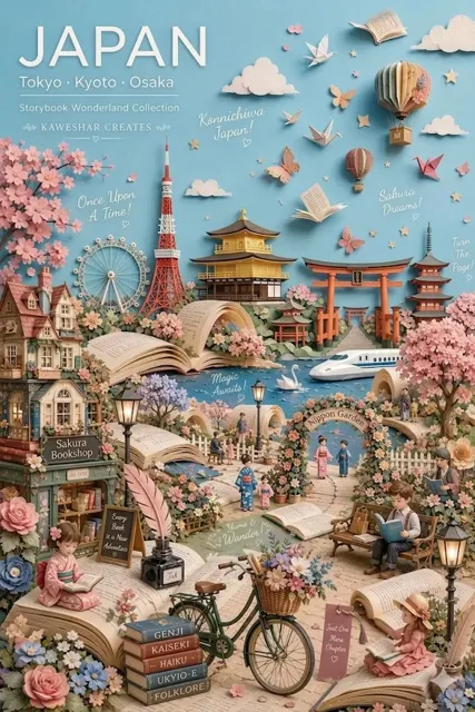 Whimsical paper craft japan fairytale book cover