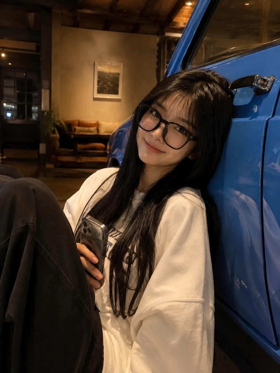 Cute young woman cream sweatshirt blue vintage car — Sonra
