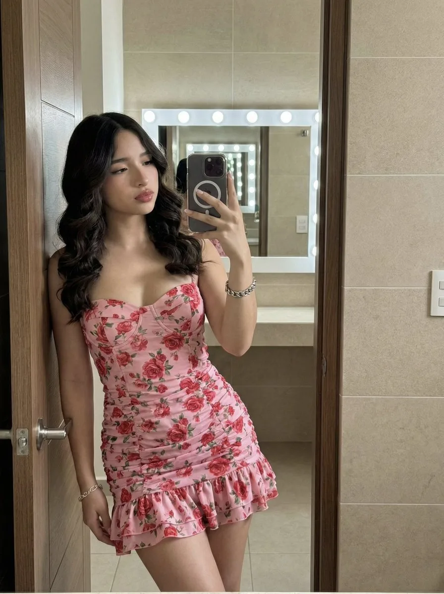 Pink rose dress mirror selfie — After
