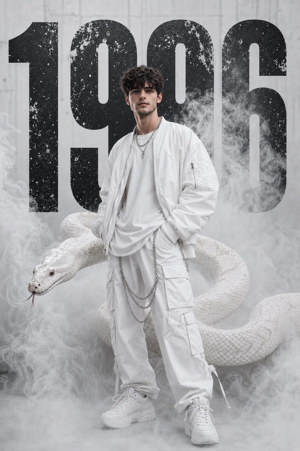 Ultra realistic white streetwear fashion python editorial — After